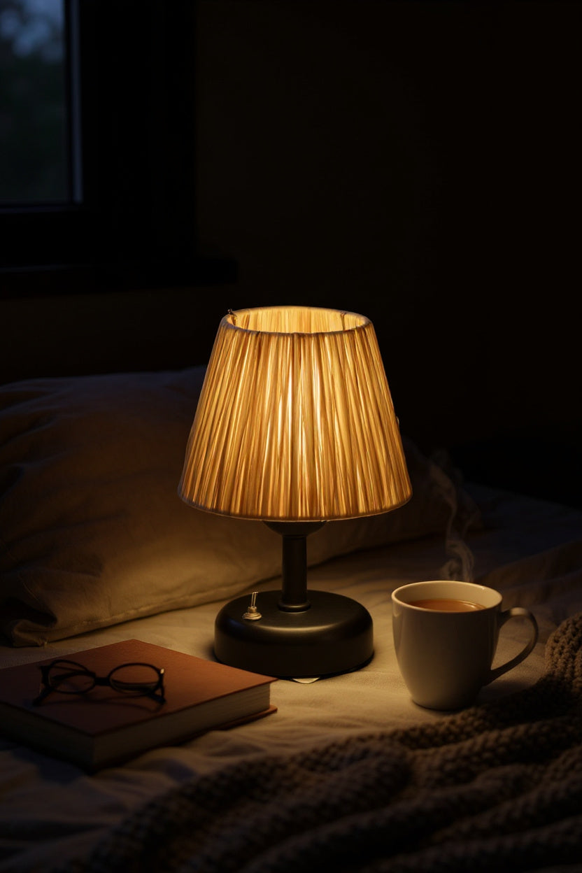 Tasarım Kablosuz Hasır- Rafya Masa Lambası Siyah, Dekoratif LED Abajur