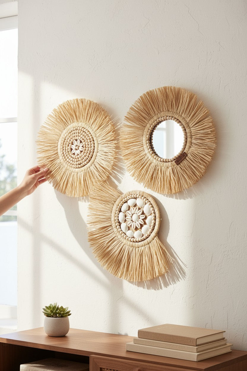 Doğal Rafya Duvar Süsü Deniz Kabuklu Tazı boncuklu 40 cm