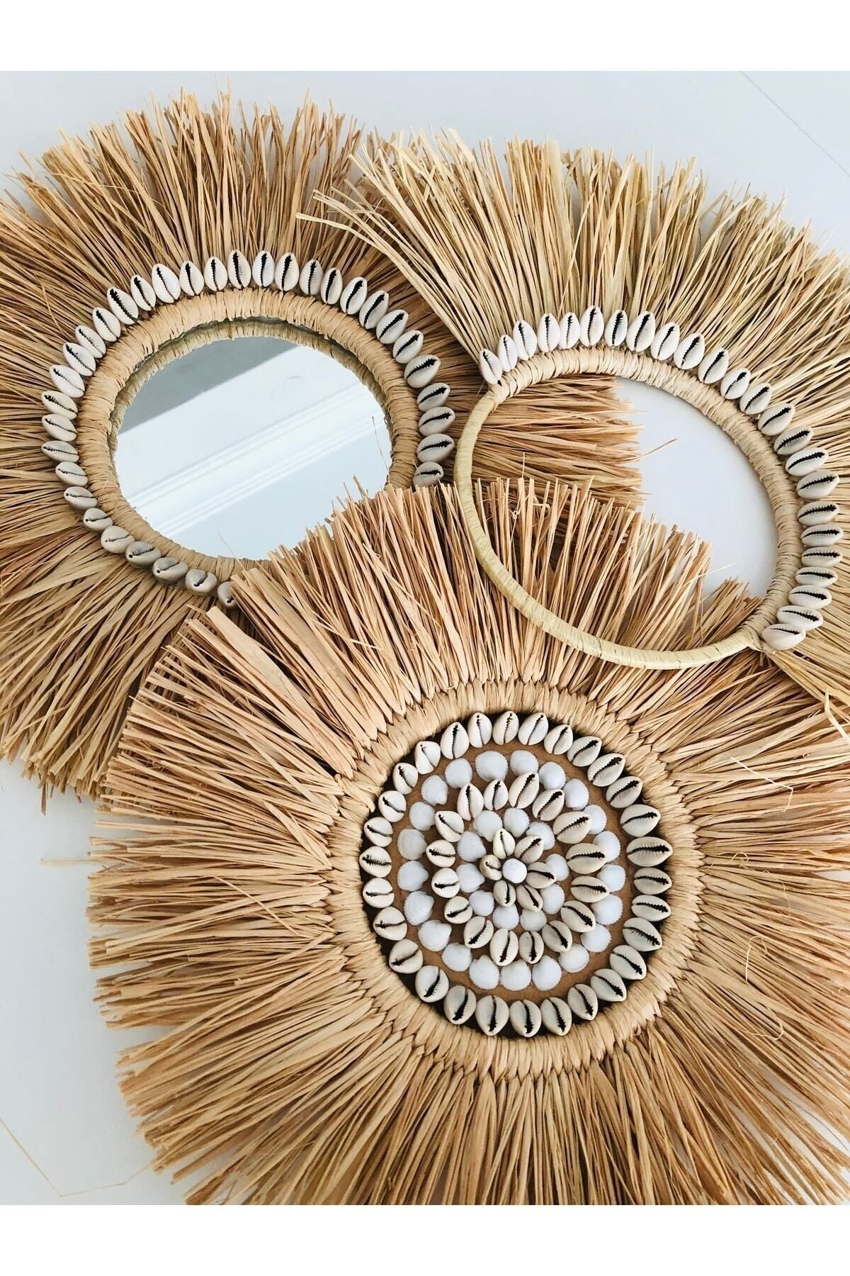 Doğal Hasır Ayna ve Duvar Süsü 3’lü Set Tazı Boncuklu Deniz Kabuklu – Bohem & Rustik Dekorasyon 40 cm