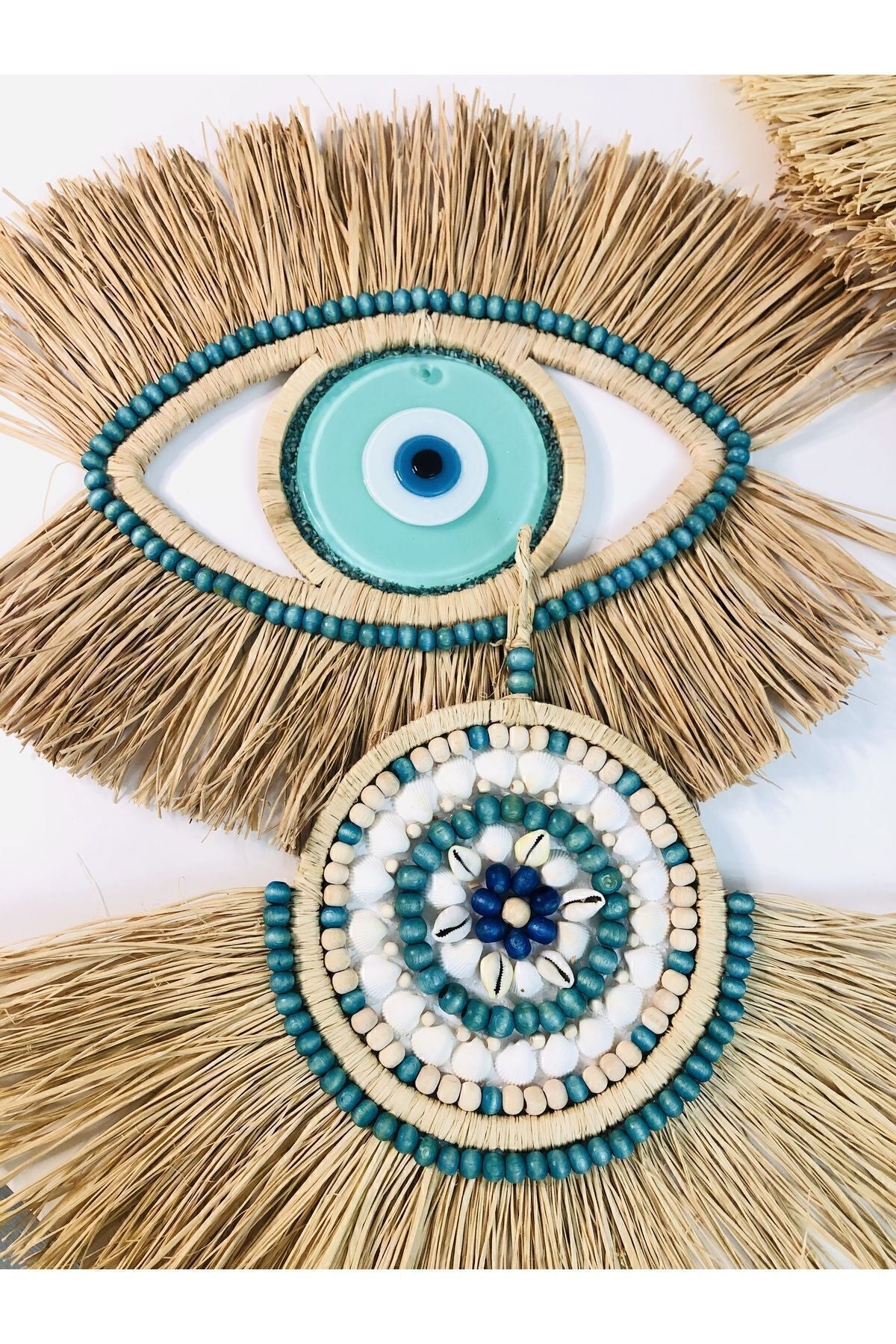 Turkuaz renkli doÛal rafya ve nazar boncuklu ikili duvar dekoru