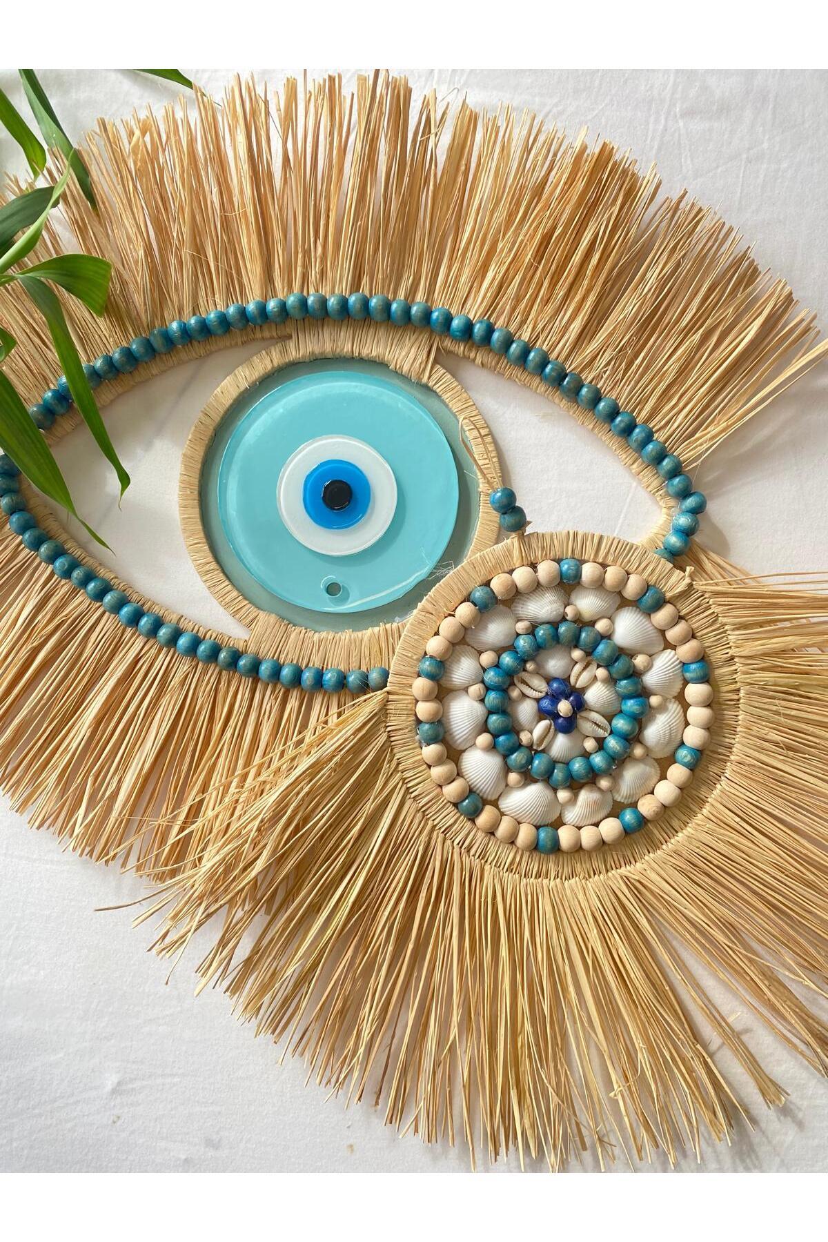 DoÛal Rafya Nazar Boncuklu Yelpaze Ükili Duvar Dekoru