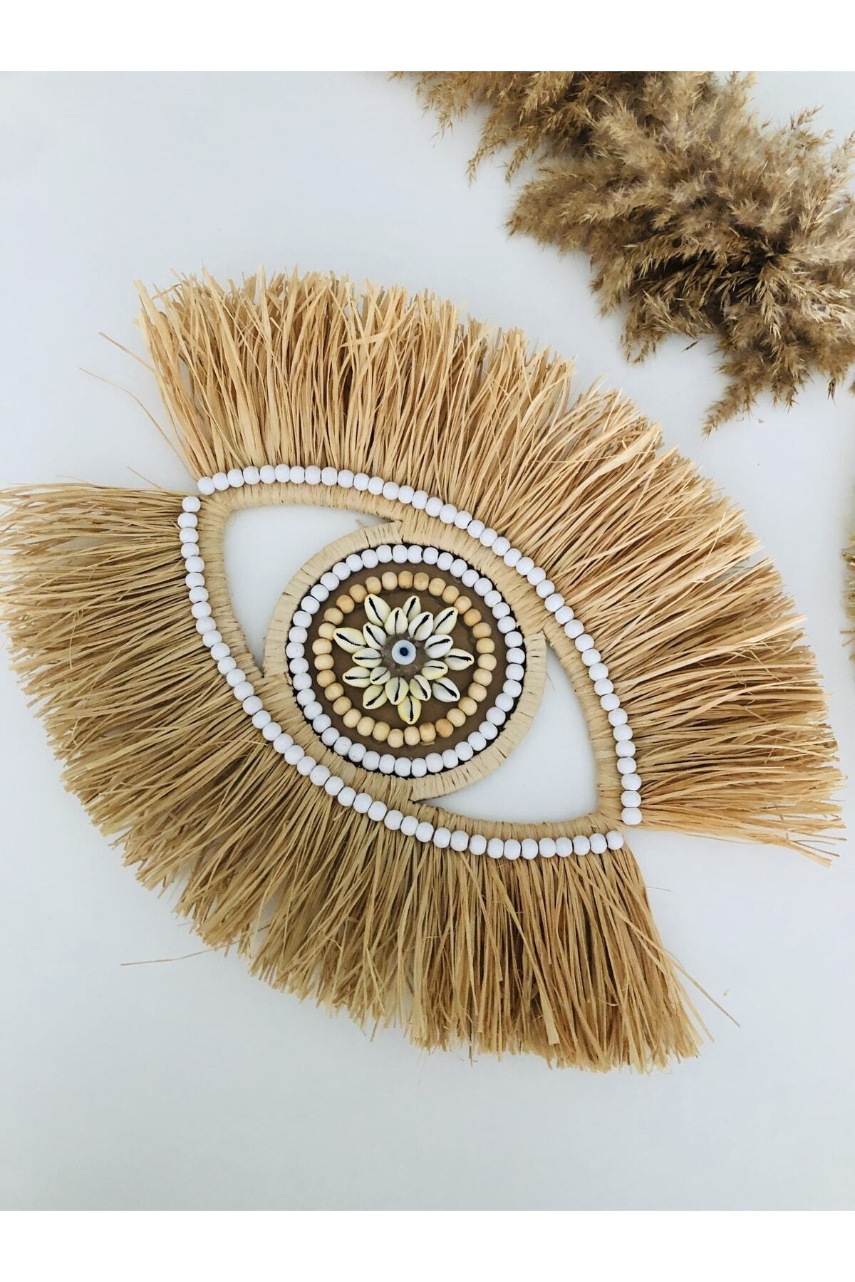 Beyaz Ahßap Boncuk DetaylÝ Rafya Pano Duvar SŸsŸ Duvardekorasyonu HasÝrayna