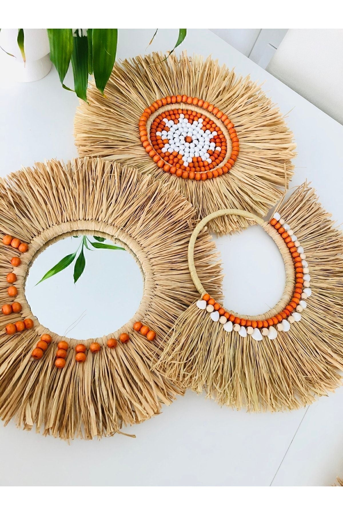 Doğal Hasır Ayna ve Duvar Süsü 3’lü Set – Bohem & Rustik Dekorasyon 40 cm