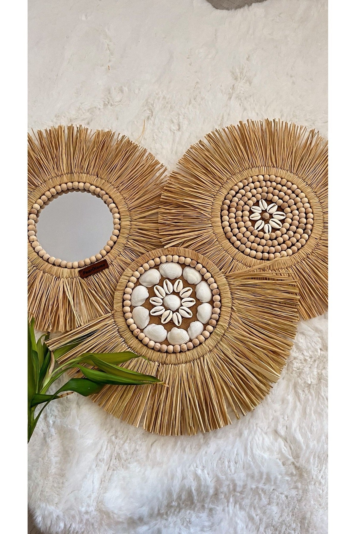 Doğal Rafya Duvar Süsü Deniz Kabuklu Tazı boncuklu 40 cm