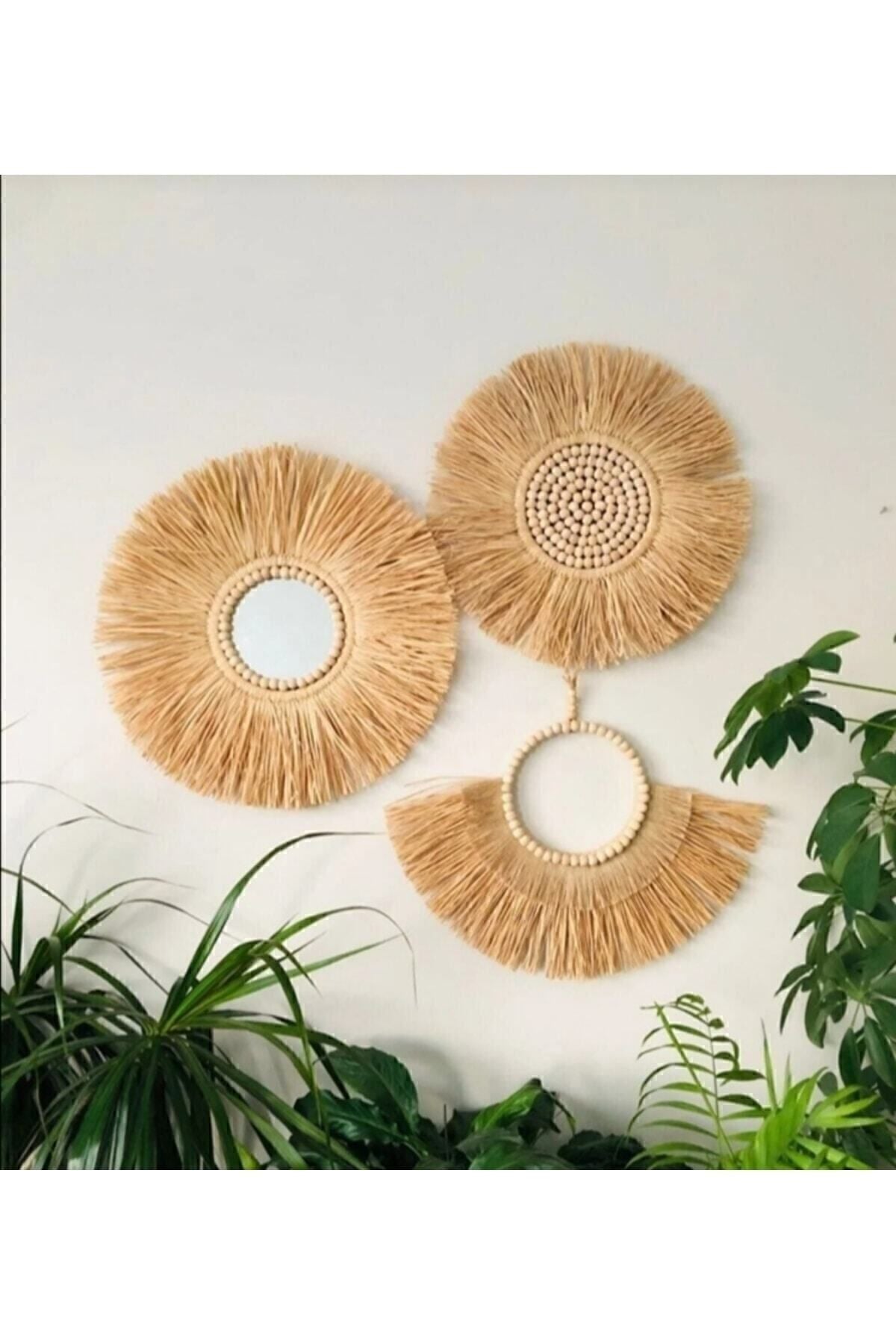 Rafya Ayna Boncuklu 3'lü Set Duvar Aksesuarı 40 cm