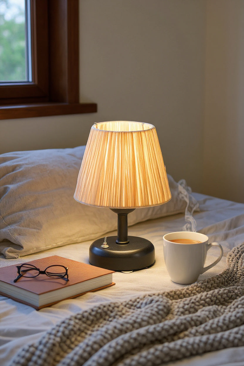 Tasarım Kablosuz Hasır- Rafya Masa Lambası Siyah, Dekoratif LED Abajur