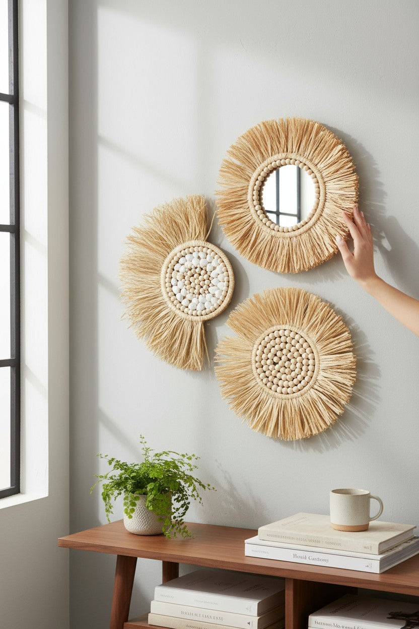 Rafya 3'lü Duvar Dekorasyonu Deniz Kabuklu Set