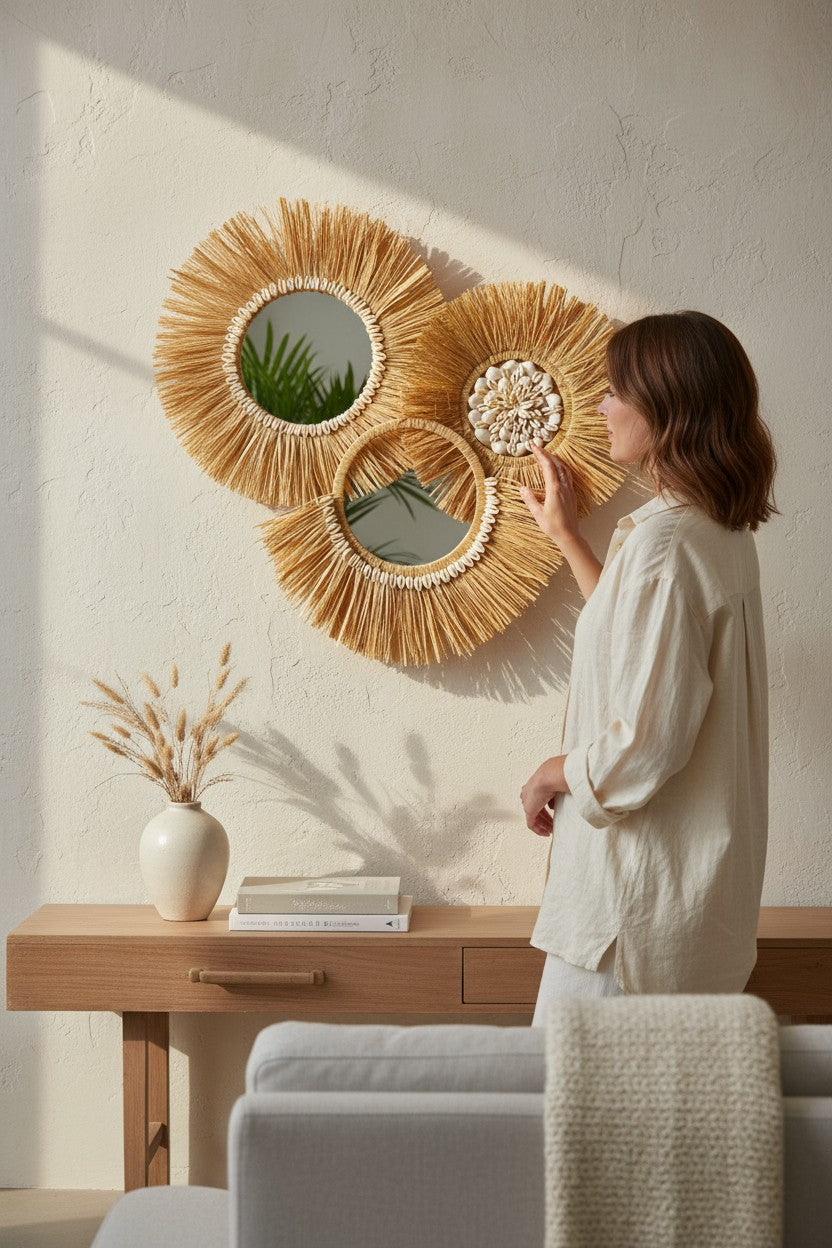 Deniz Kabuklu Rafya Ayna Seti 40cm