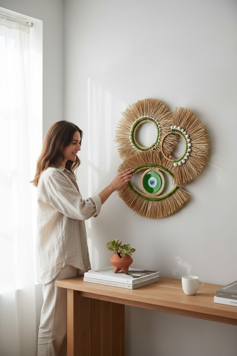 El Yapımı Rafya Ayna Rafya Duvar Yeşil Göz