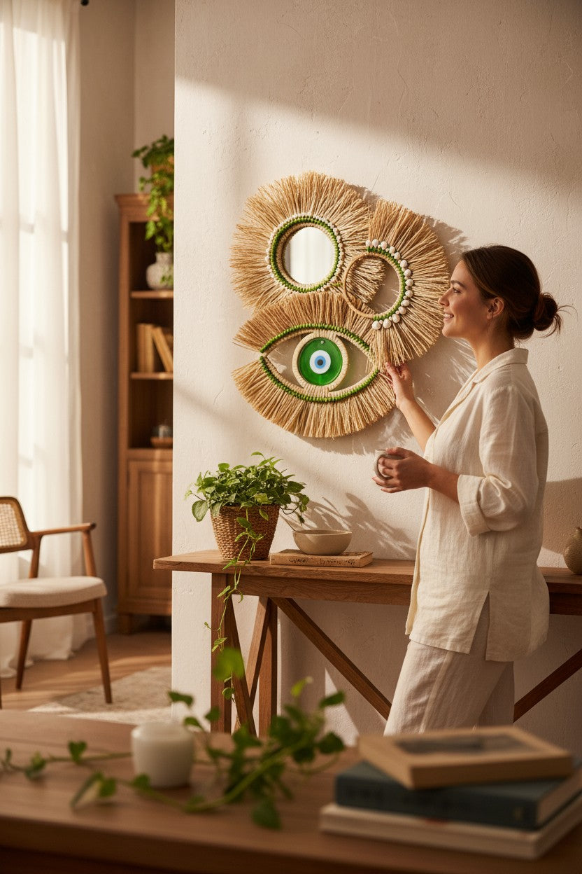 El Yapımı Rafya Ayna Rafya Duvar Yeşil Göz