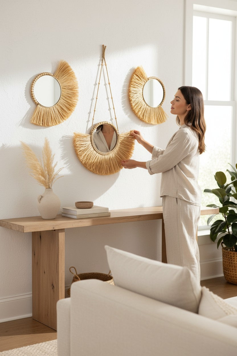 3'lü Rafya Ayna Seti Yelpaze Ayna