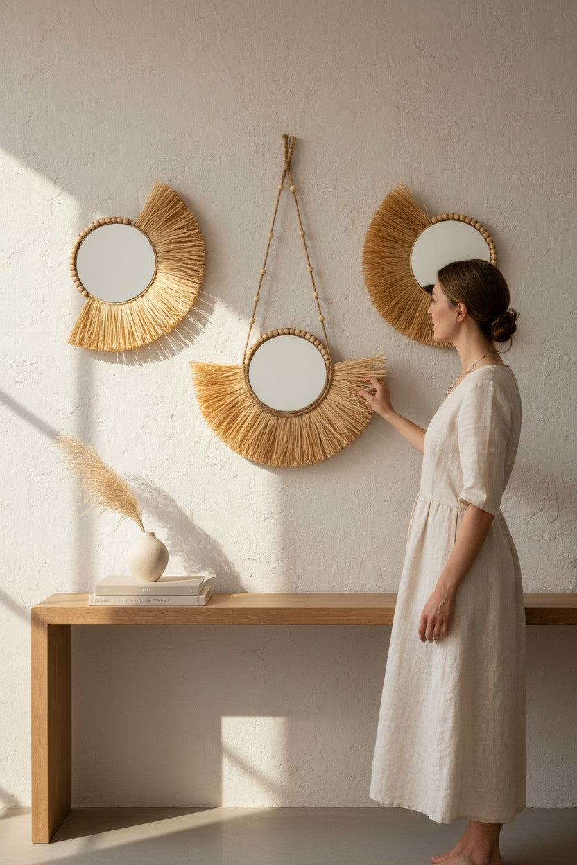 3'lü Rafya Ayna Seti Yelpaze Ayna