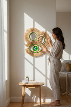 El Yapımı Rafya Ayna Rafya Duvar Yeşil Göz